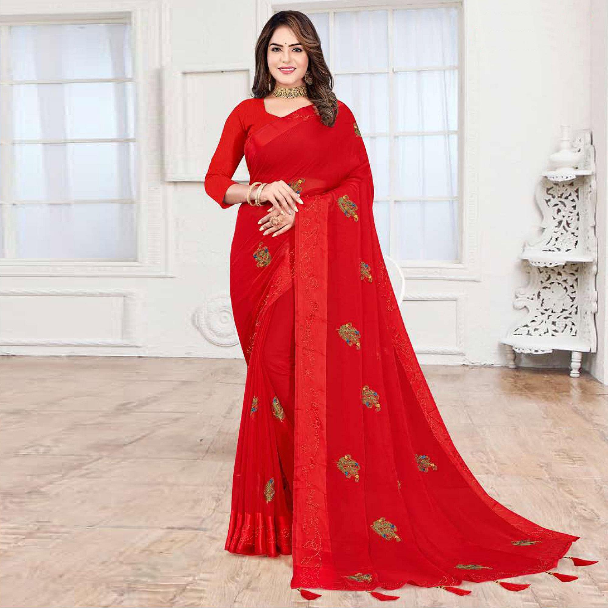 Red Embroidered Chiffon Saree - Peachmode