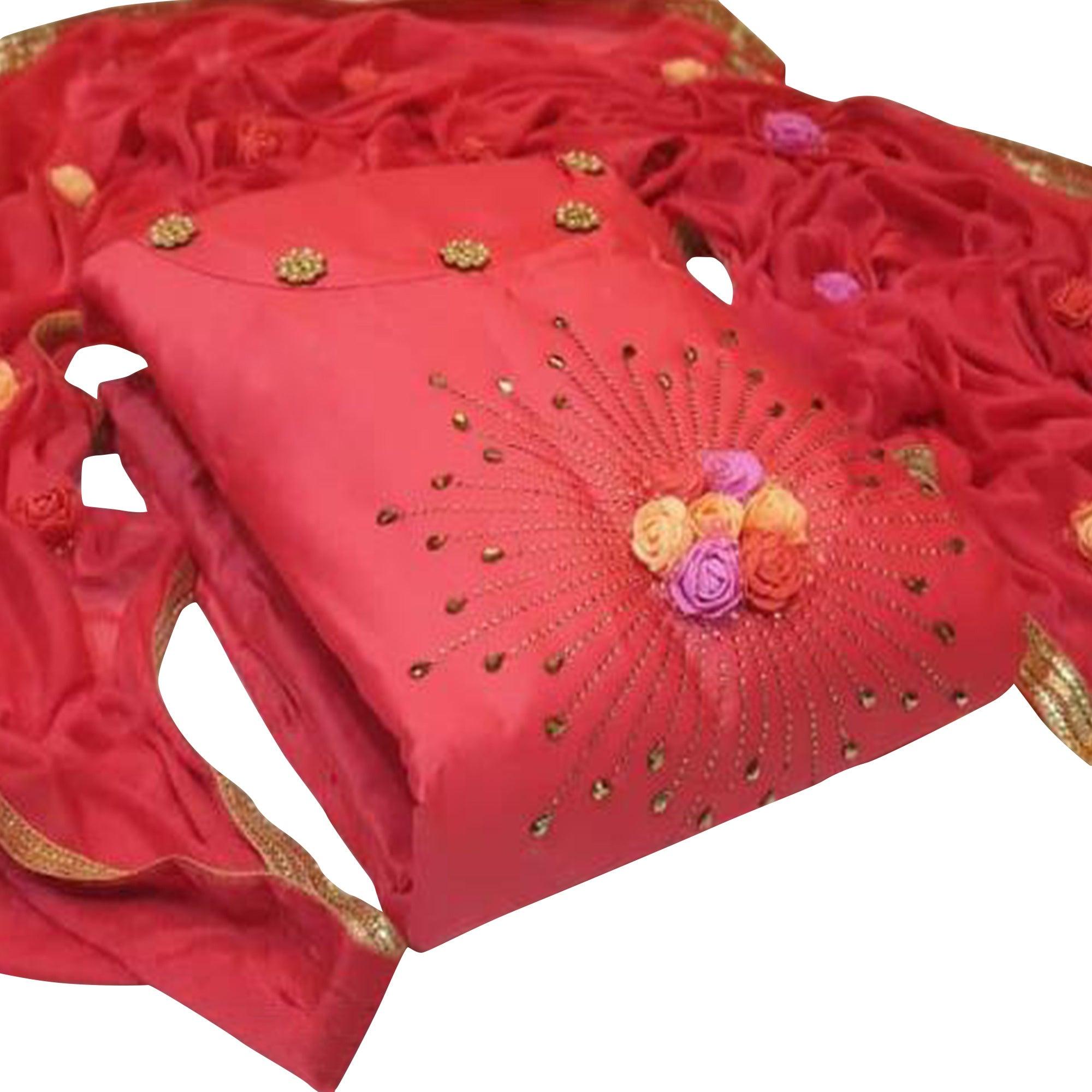 Red Embroidered Cotton Blend Dress Material - Peachmode