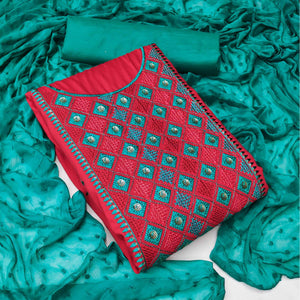 Red Embroidered Cotton Blend Dress Material - Peachmode