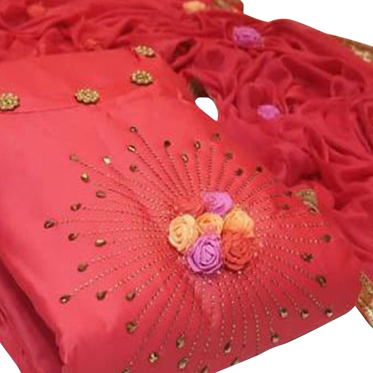 Red Embroidered Cotton Blend Dress Material - Peachmode