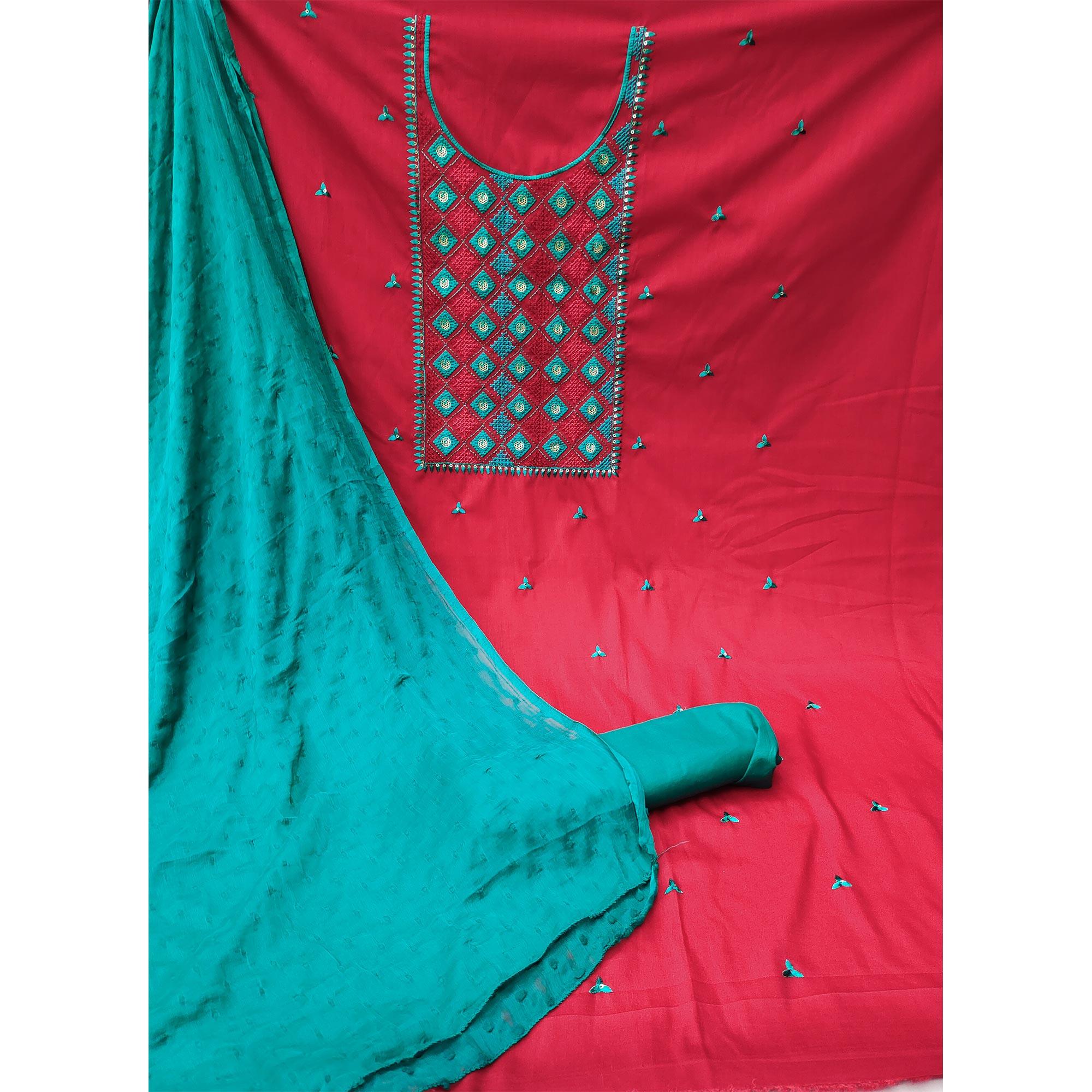 Red Embroidered Cotton Blend Dress Material - Peachmode