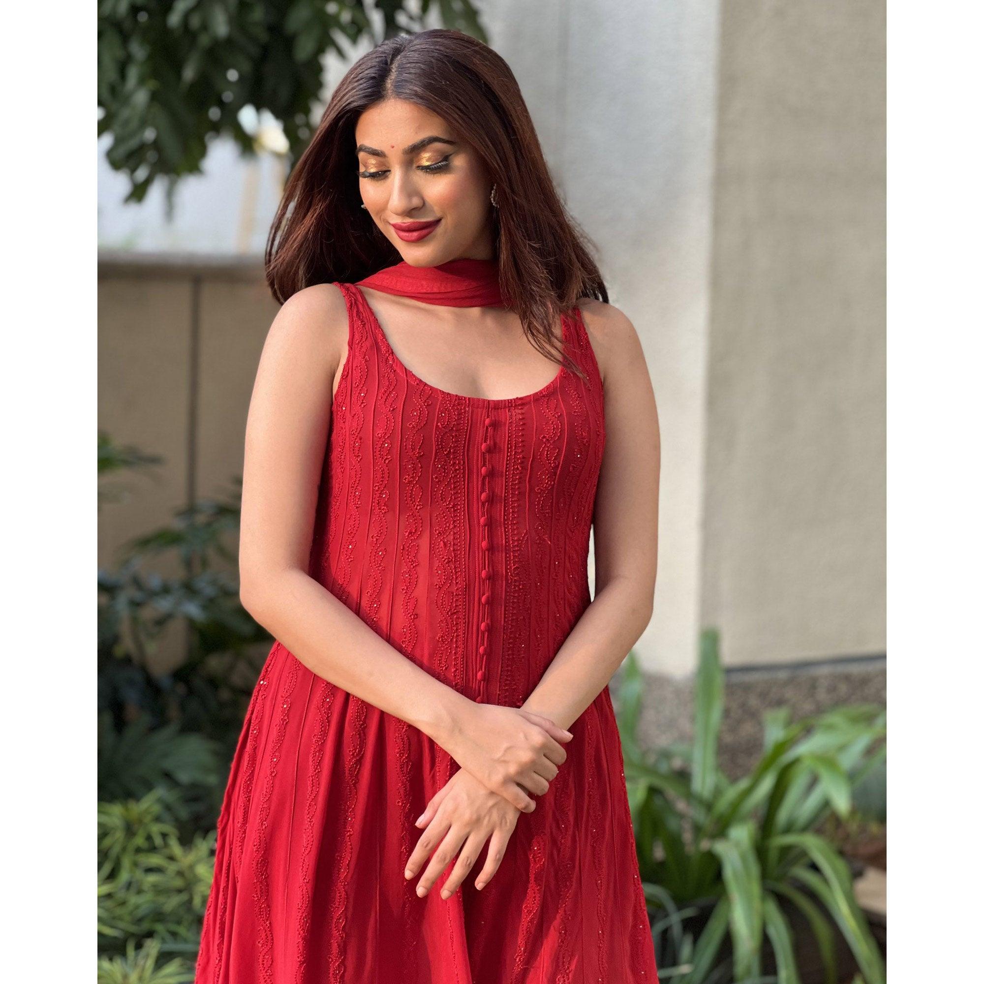 Red Embroidered Georgette Anarkali Suit - Peachmode
