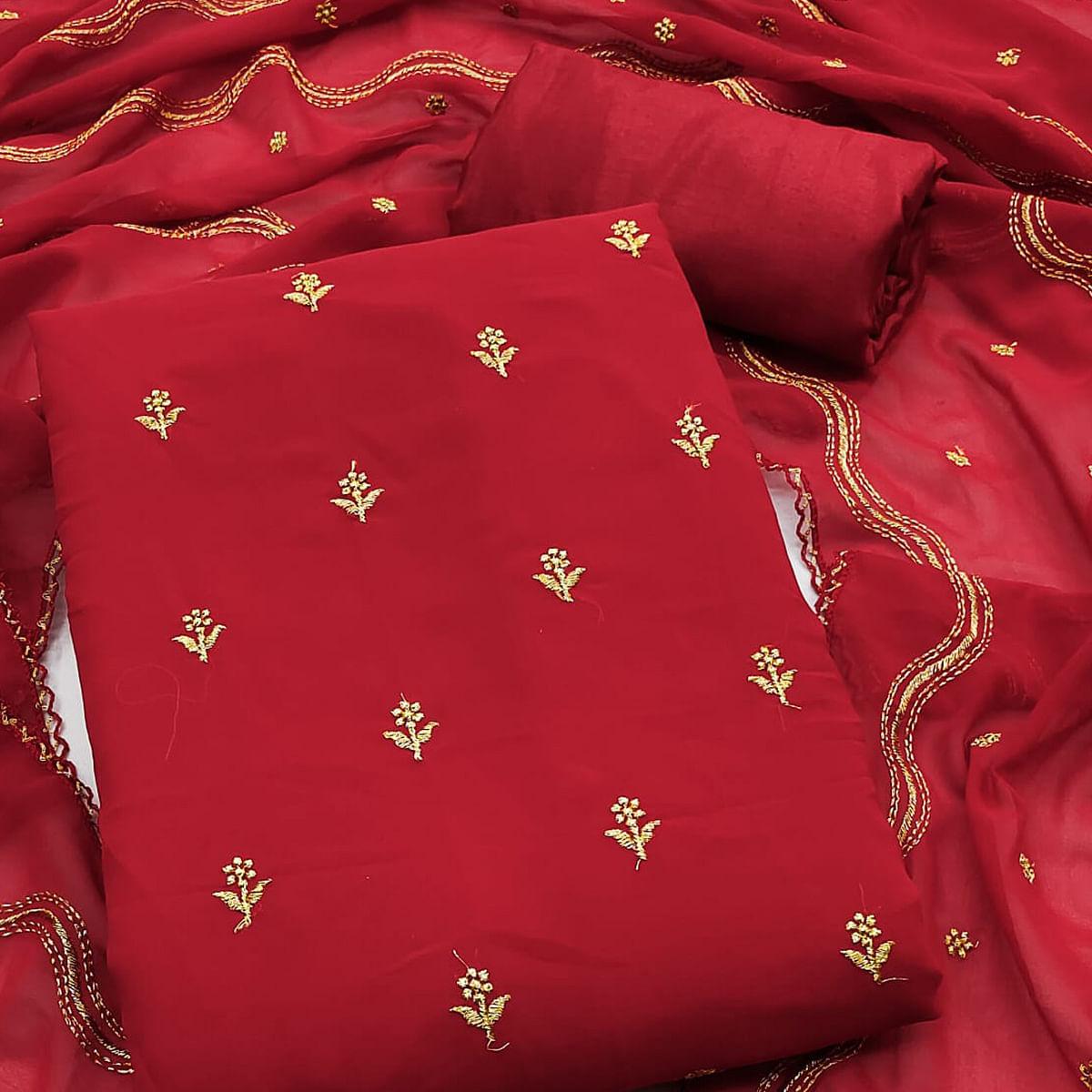Red Embroidered Georgette Dress Material - Peachmode