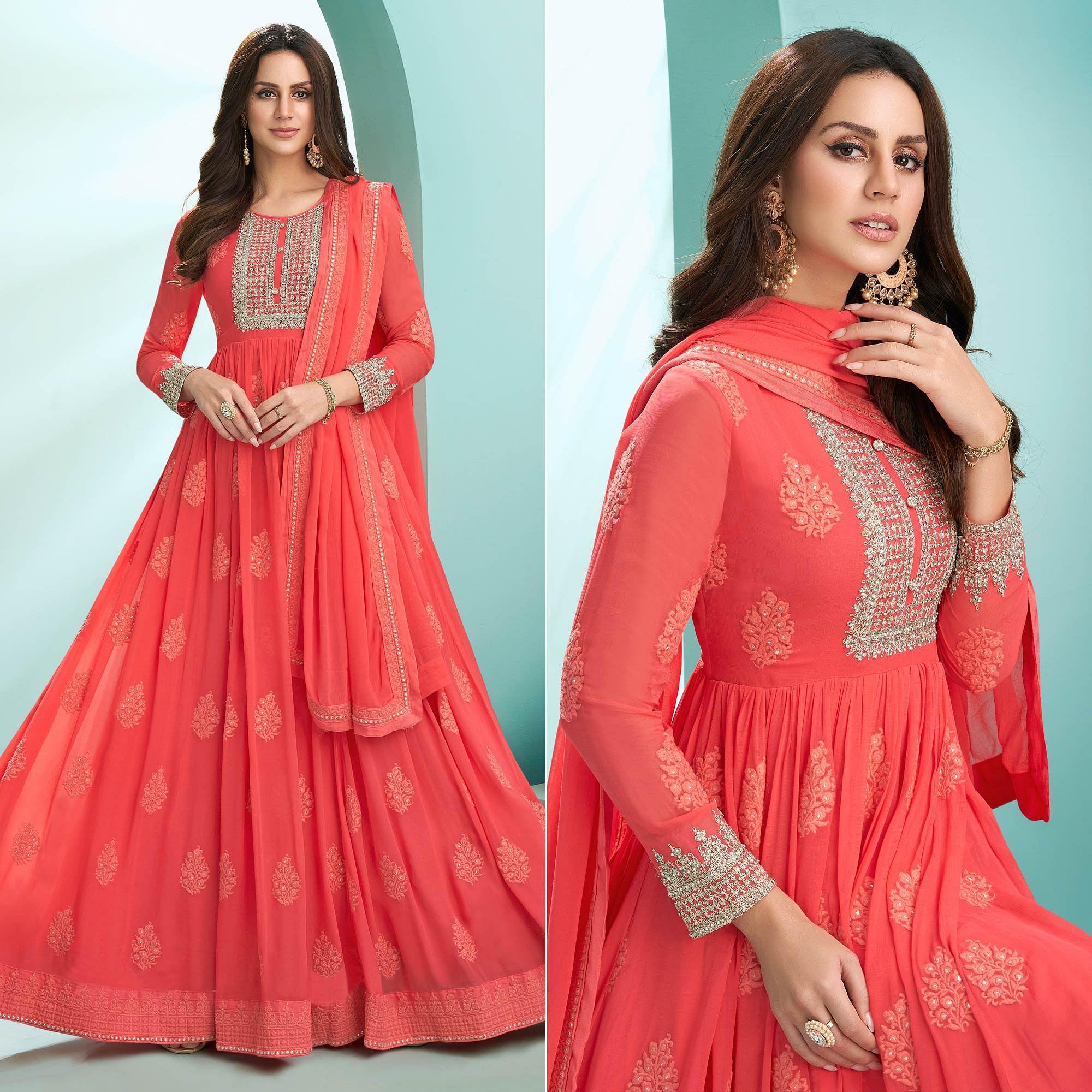 Red Embroidered Georgette Gown - Peachmode