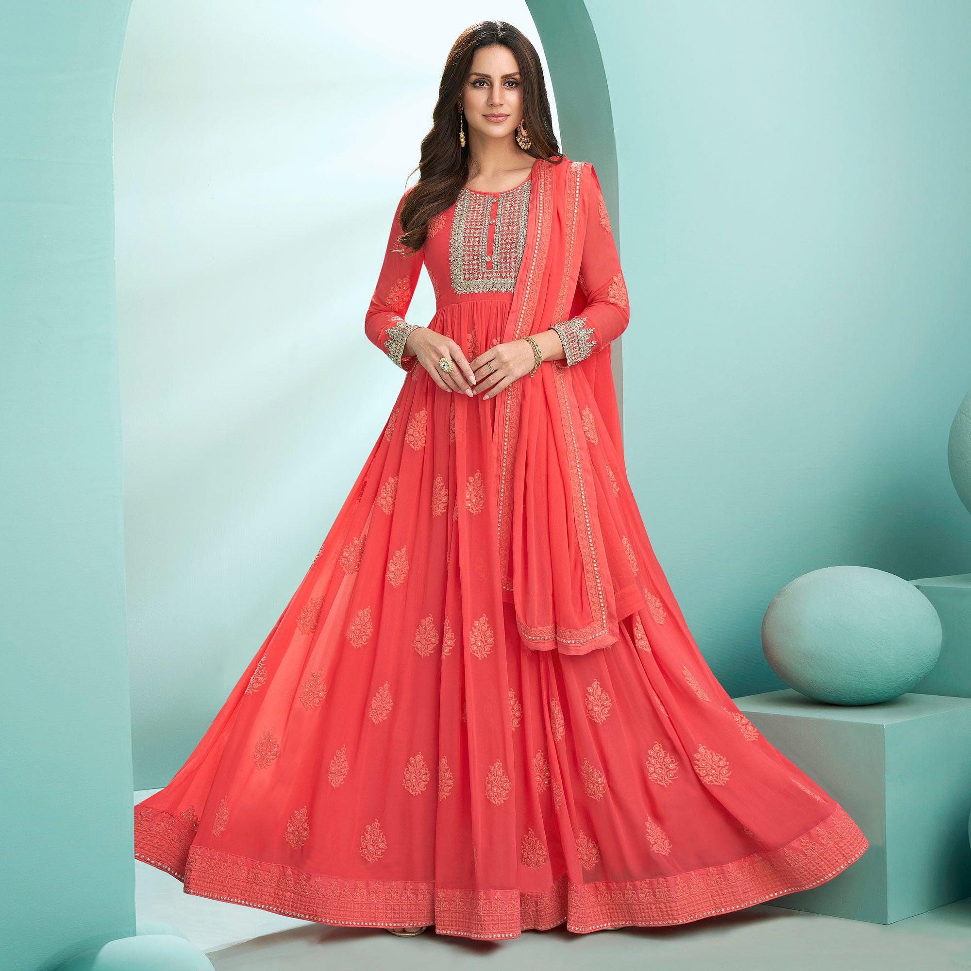 Red Embroidered Georgette Gown - Peachmode