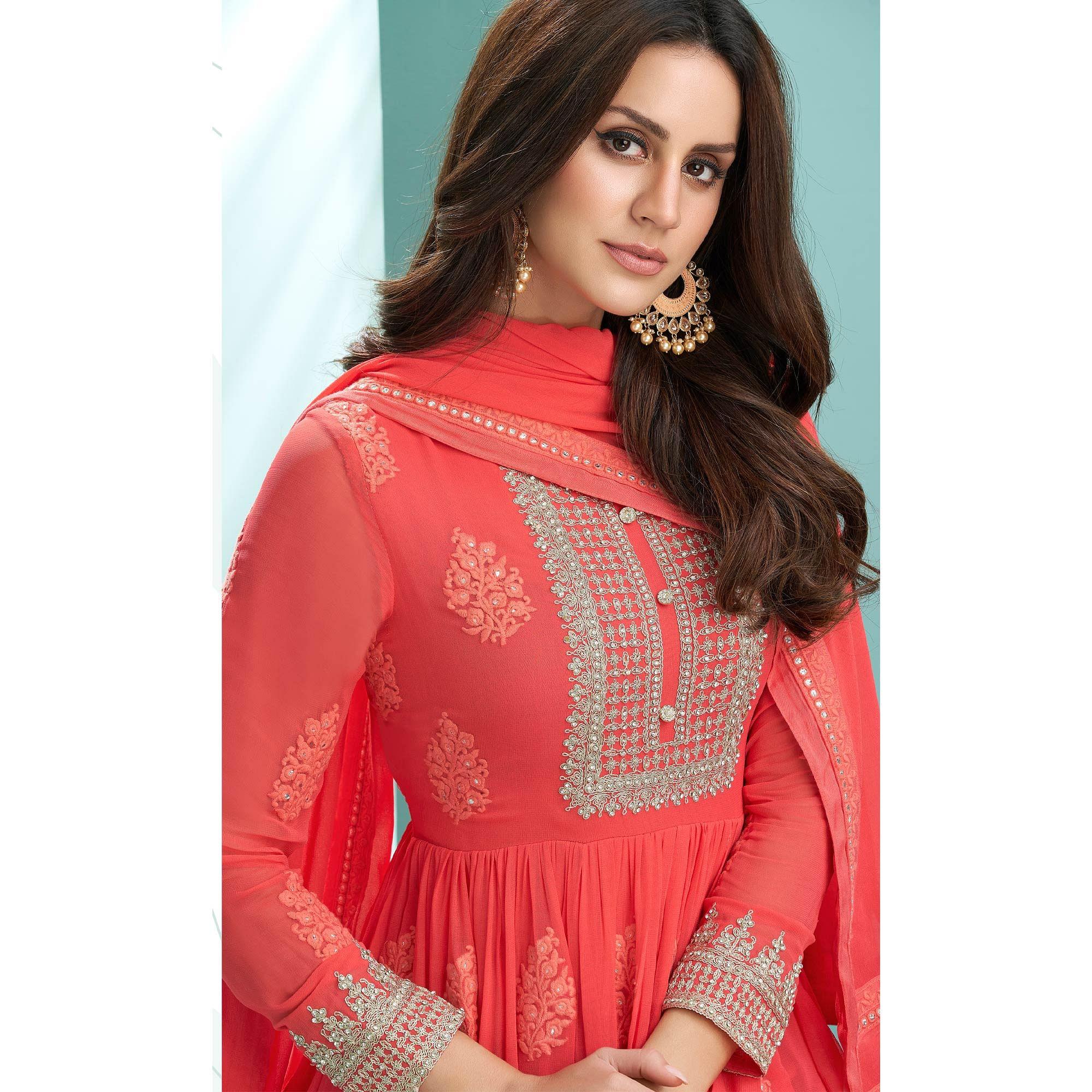 Red Embroidered Georgette Gown - Peachmode