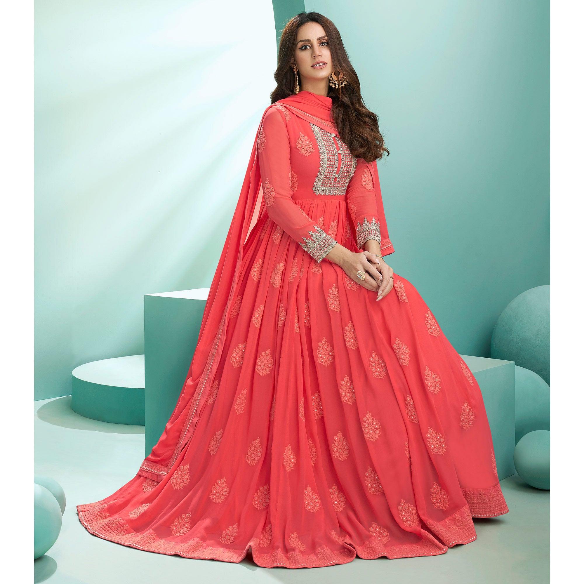 Red Embroidered Georgette Gown - Peachmode