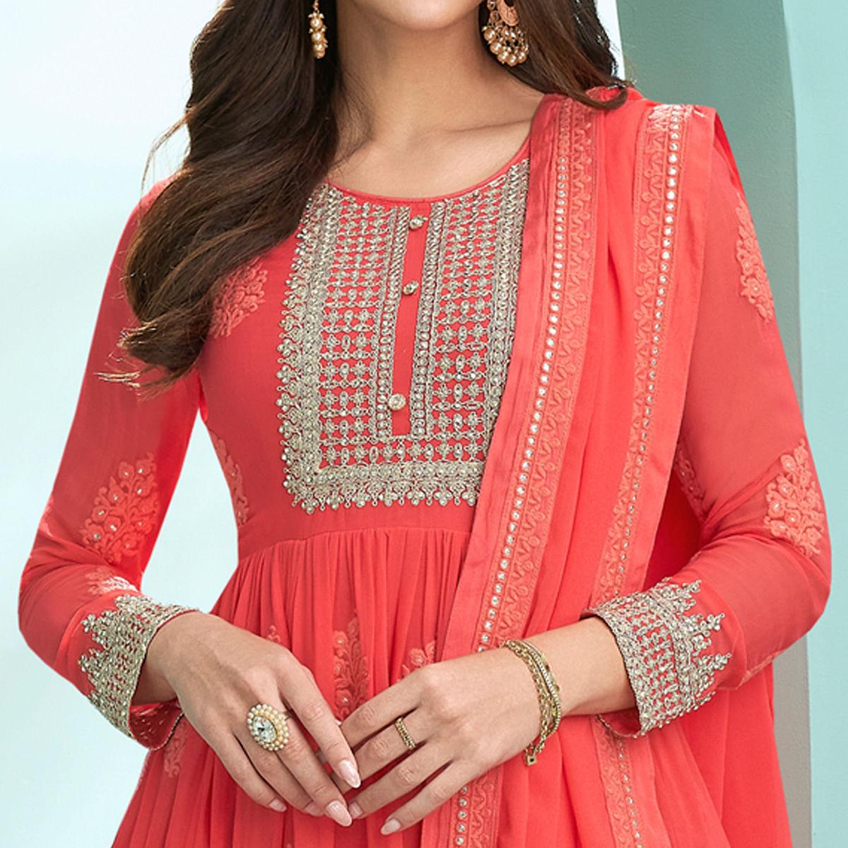 Red Embroidered Georgette Gown - Peachmode