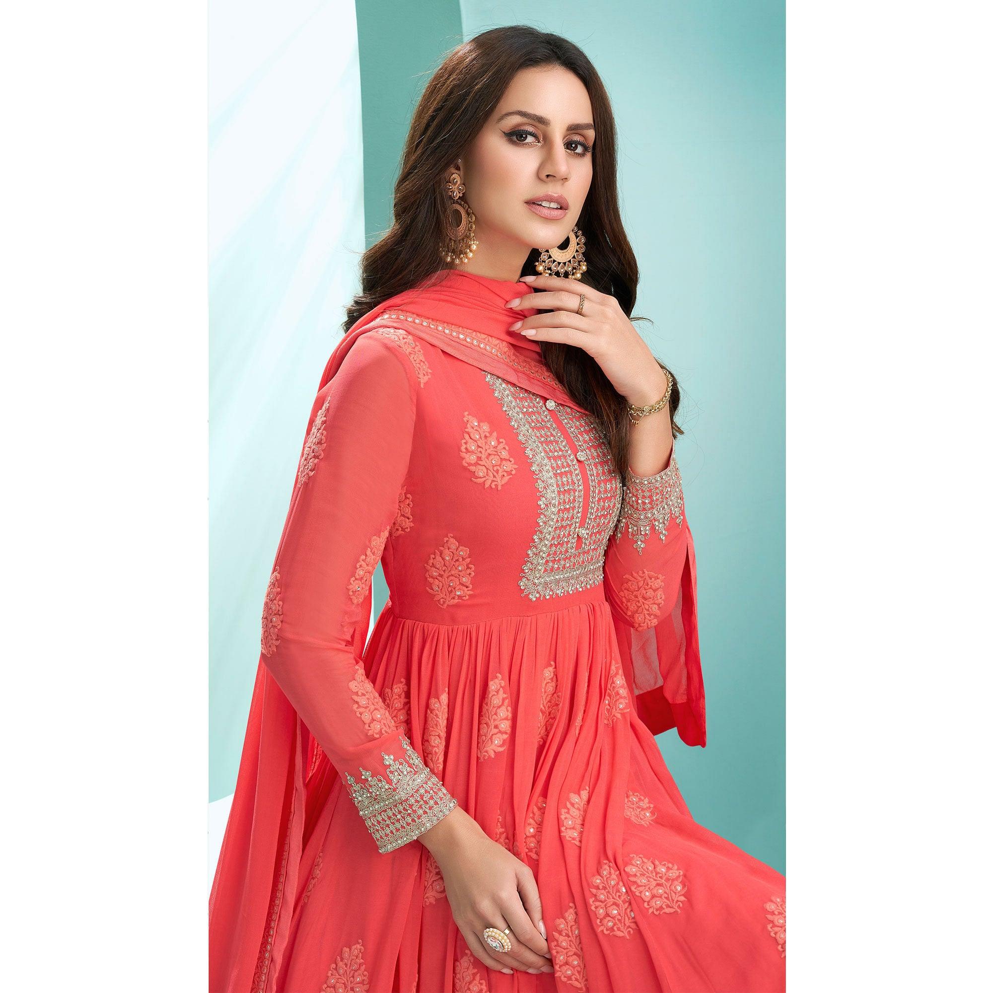 Red Embroidered Georgette Gown - Peachmode