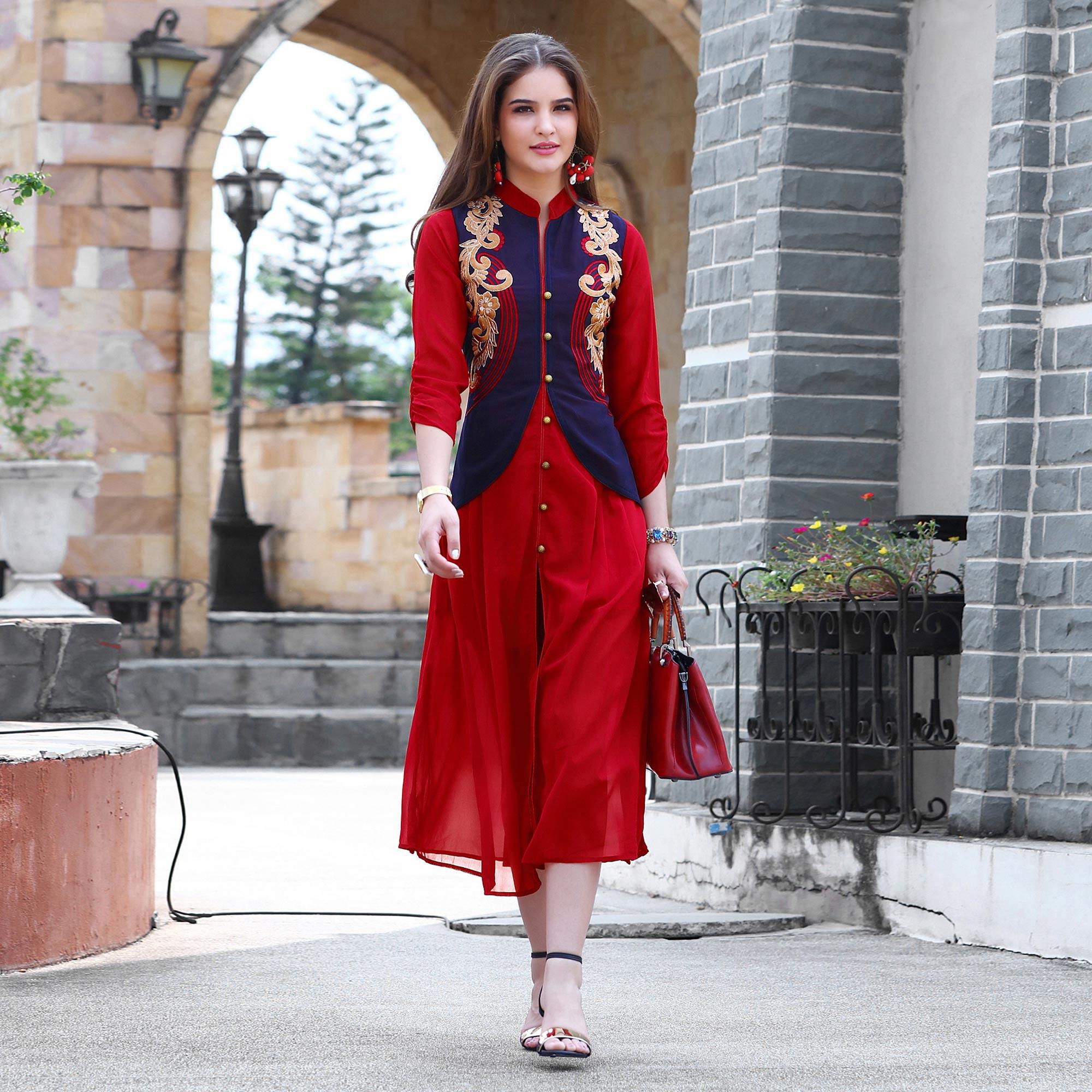 Red Embroidered Georgette Kurti - Peachmode