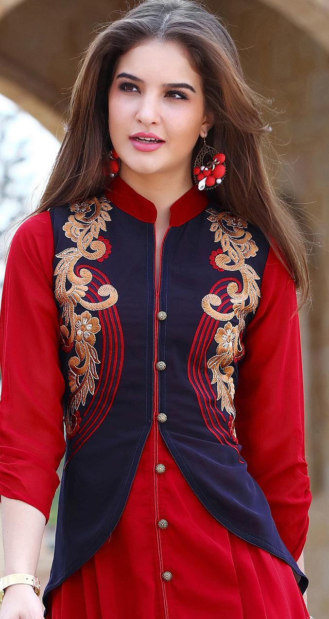 Red Embroidered Georgette Kurti - Peachmode