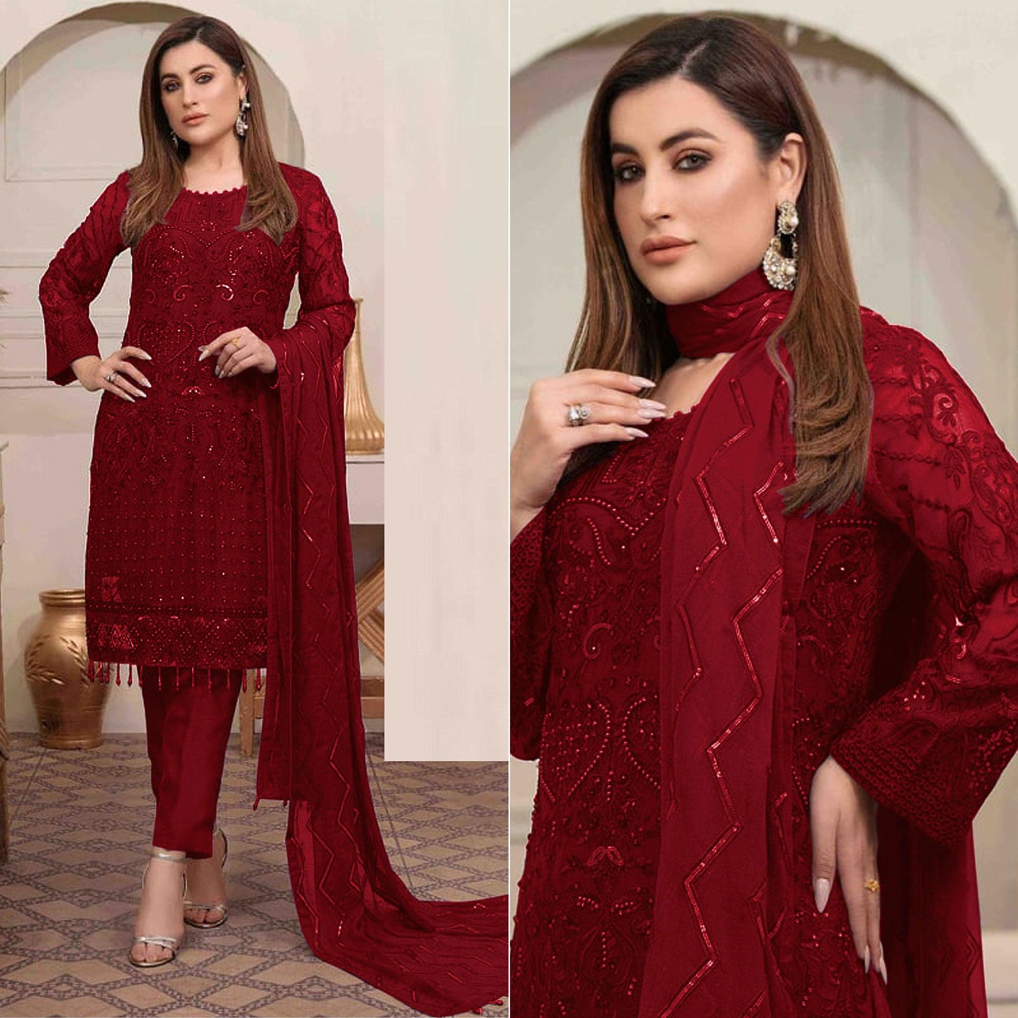 Red Embroidered Georgette Pakistani Suit - Peachmode