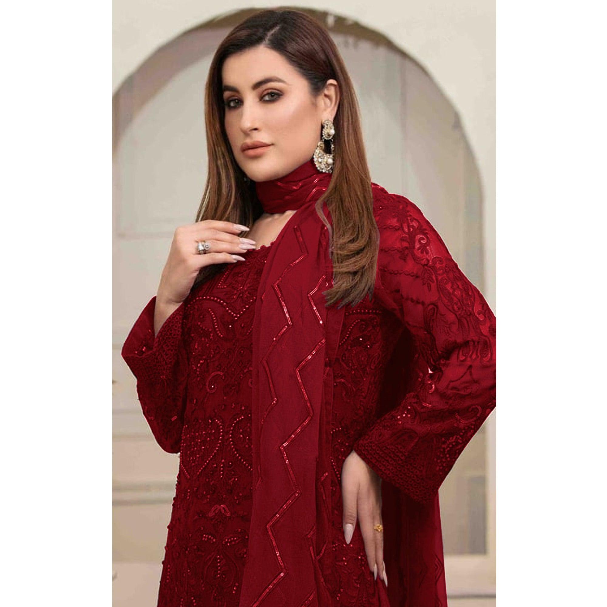 Red Embroidered Georgette Pakistani Suit - Peachmode