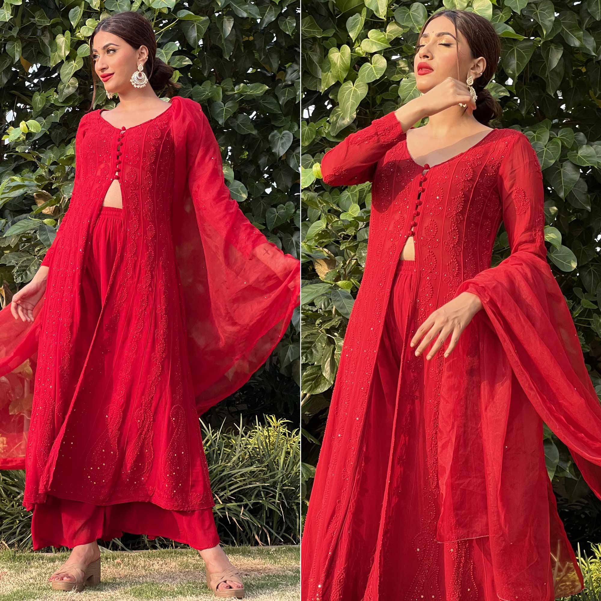 Red Embroidered Georgette Palazzo Suit - Peachmode