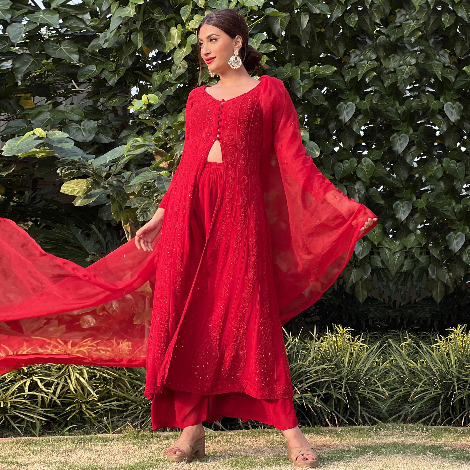 Red Embroidered Georgette Palazzo Suit - Peachmode