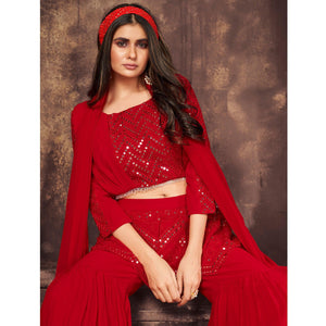 Red Embroidered Georgette Palazzo Suit - Peachmode