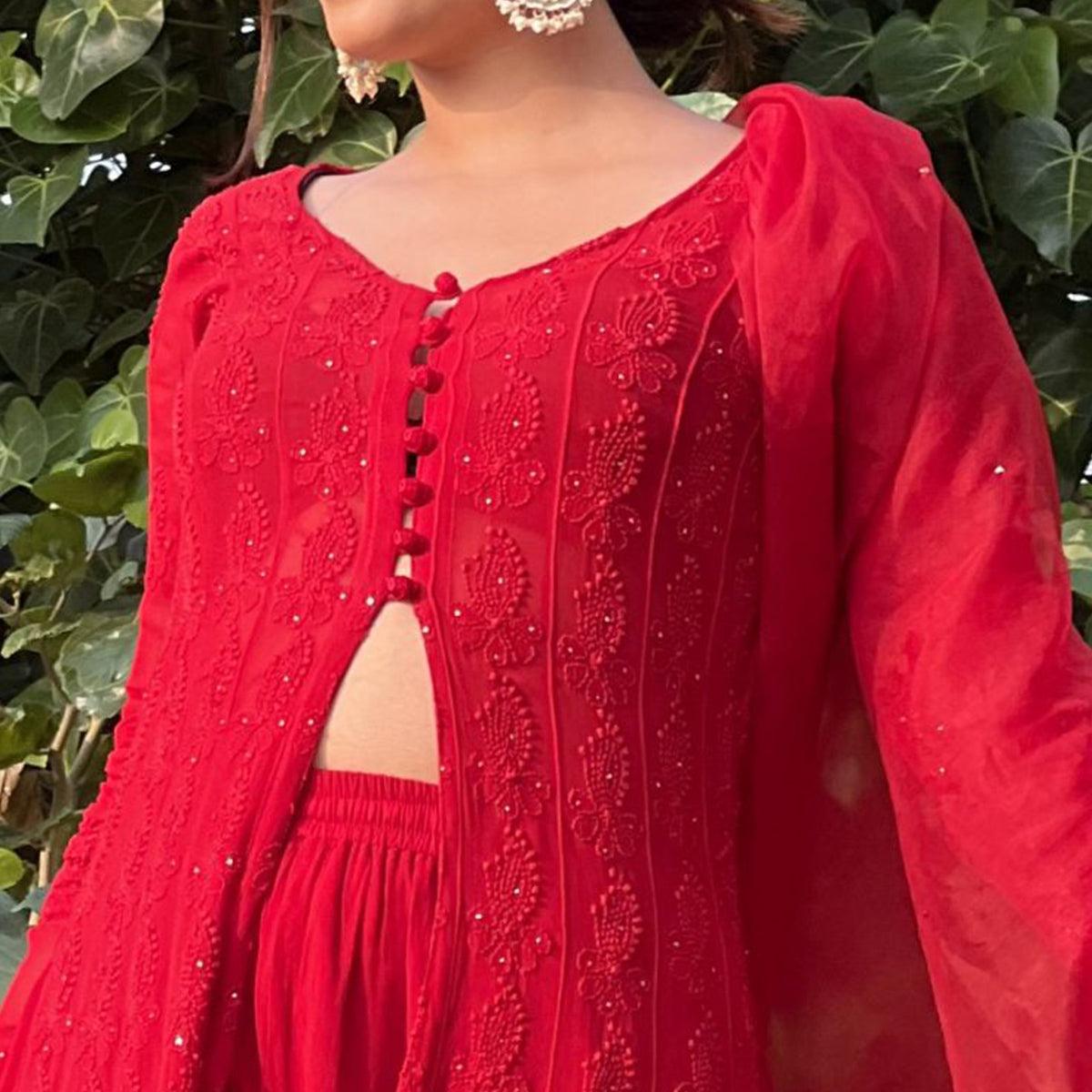 Red Embroidered Georgette Palazzo Suit - Peachmode