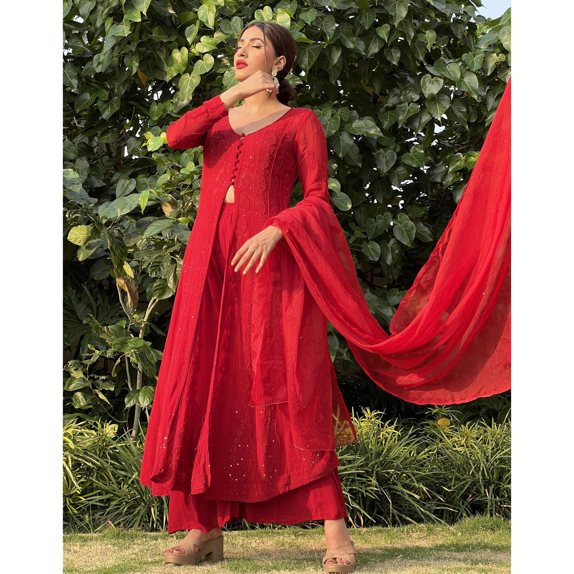 Red Embroidered Georgette Palazzo Suit - Peachmode