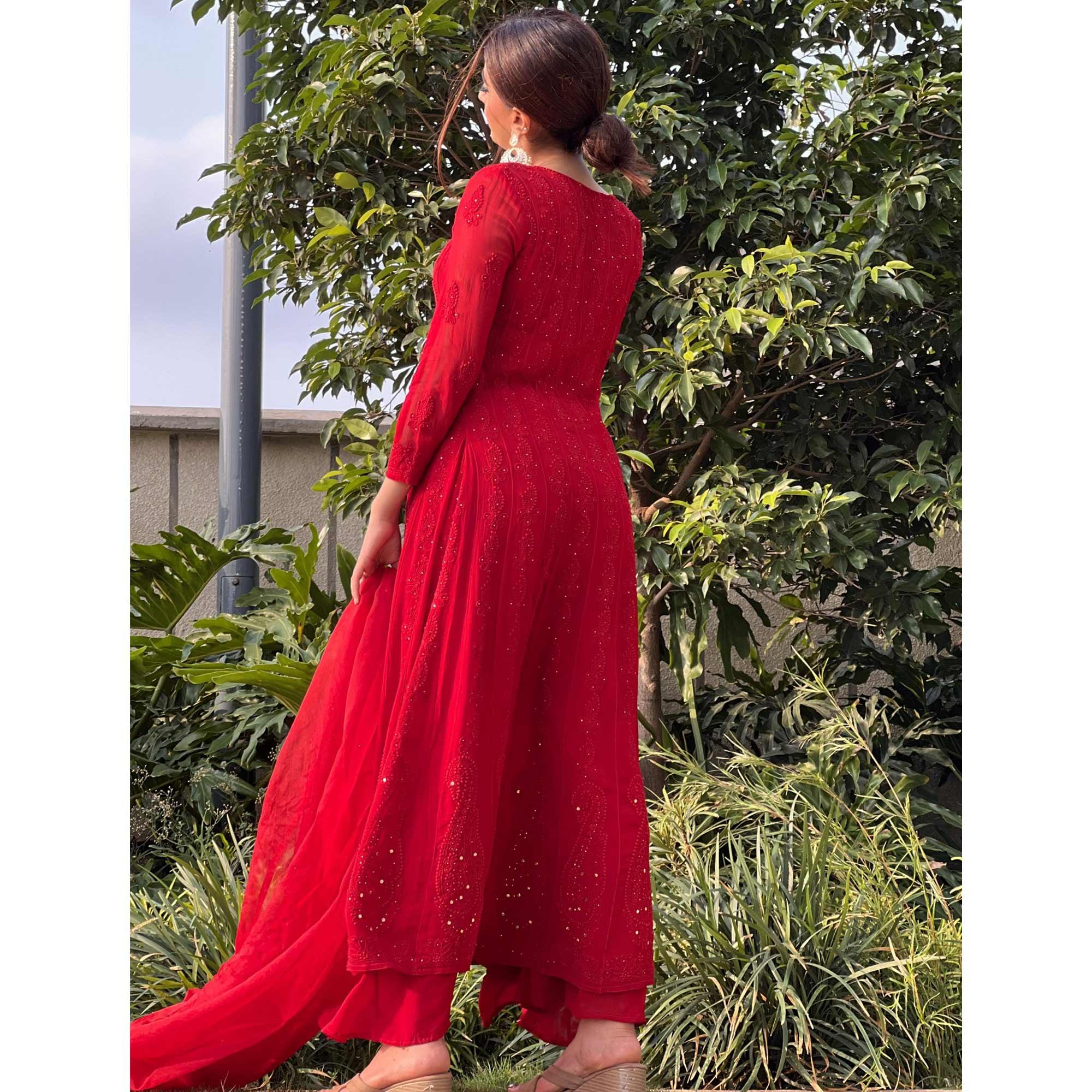 Red Embroidered Georgette Palazzo Suit - Peachmode