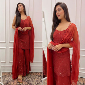 Red Embroidered Georgette Sharara Suit - Peachmode