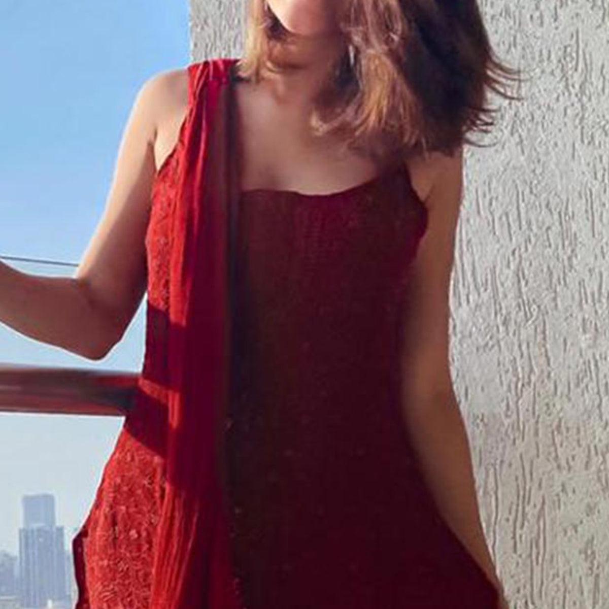 Red Embroidered Georgette Sharara Suit - Peachmode