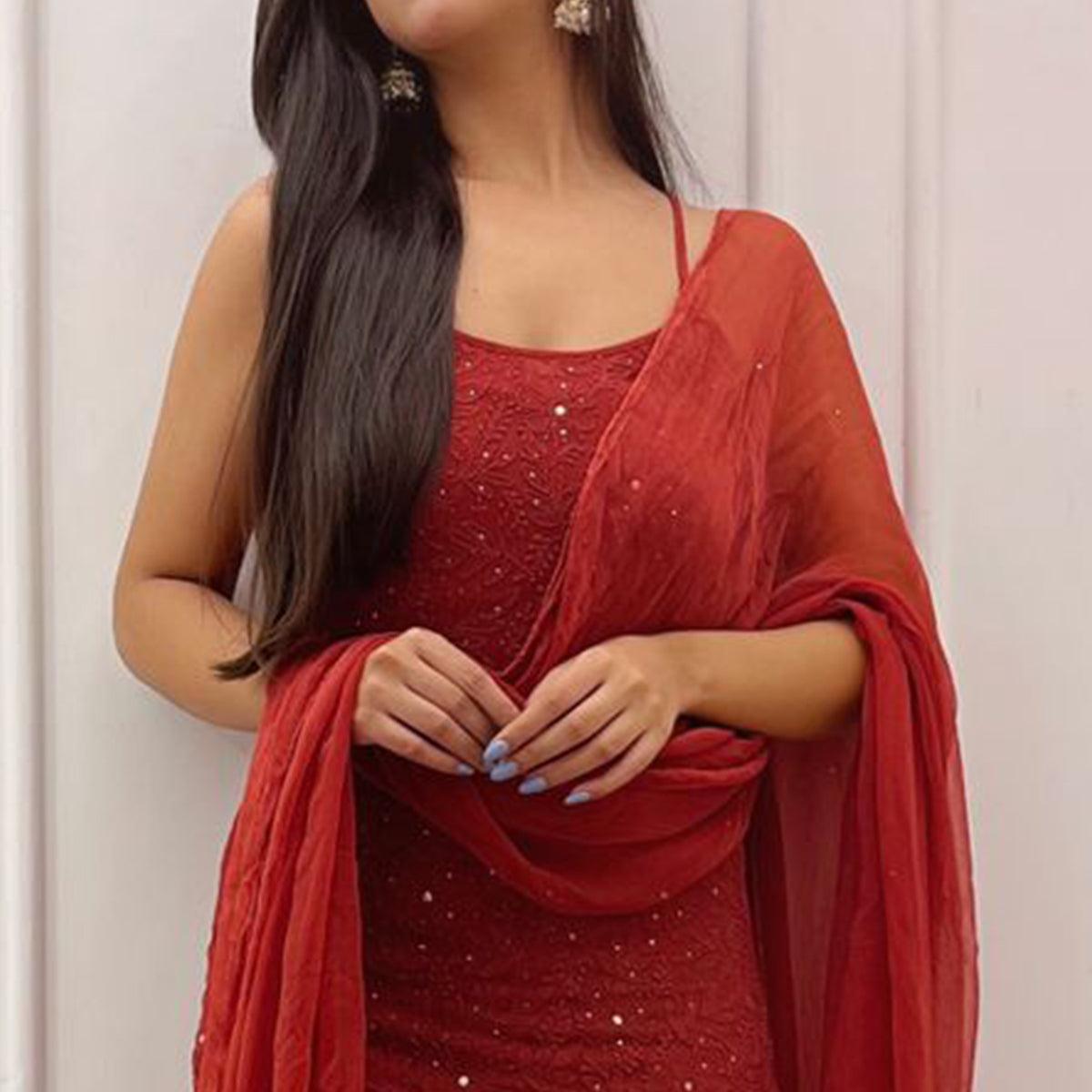 Red Embroidered Georgette Sharara Suit - Peachmode