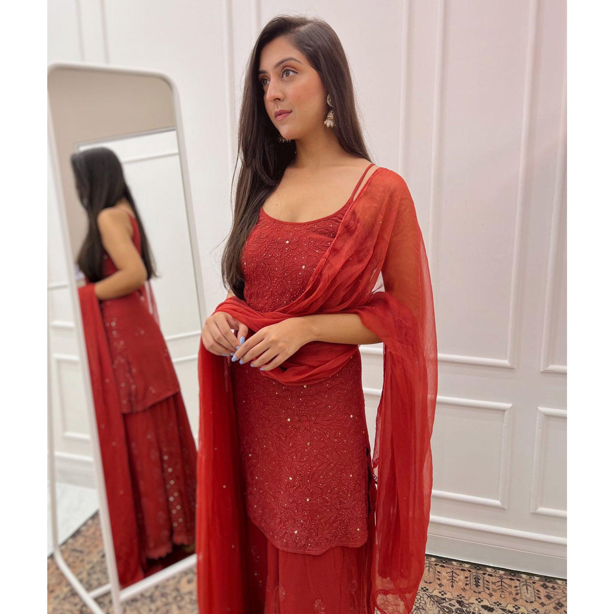 Red Embroidered Georgette Sharara Suit - Peachmode