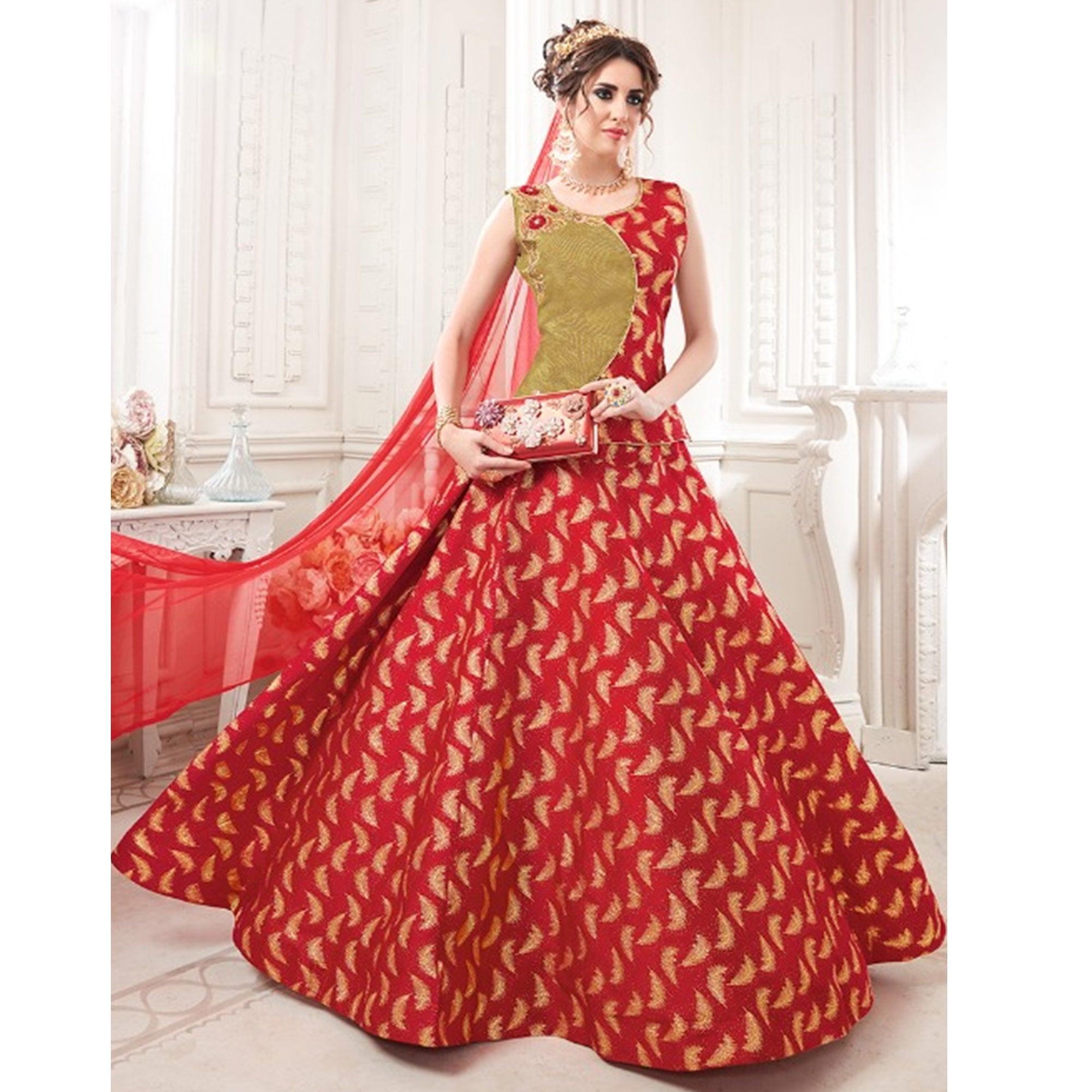 Red Embroidered Jacquard Lehenga Choli - Peachmode