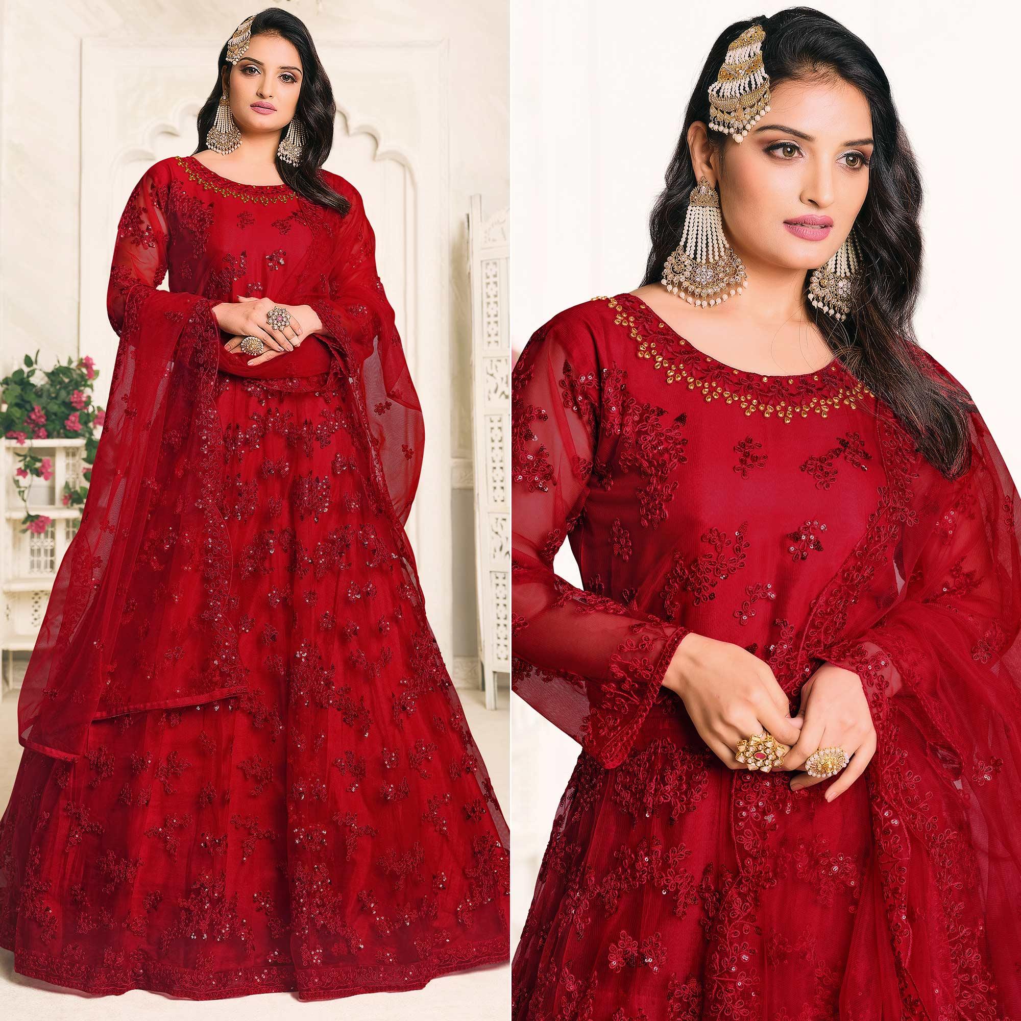 Red Embroidered Netted Anarkali Style Gown - Peachmode