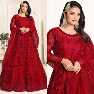 Red Embroidered Netted Anarkali Style Gown - Peachmode