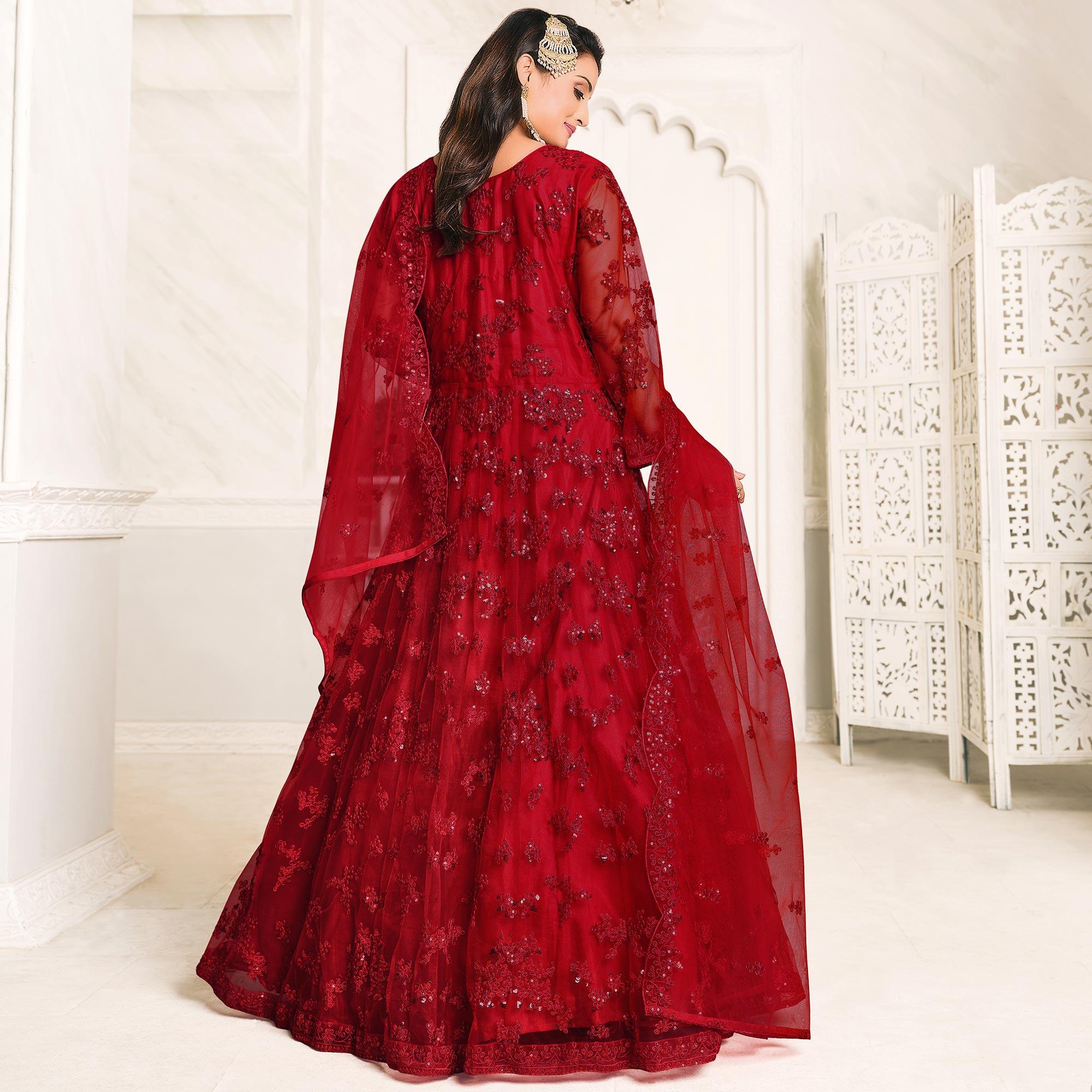 Red Embroidered Netted Anarkali Style Gown - Peachmode