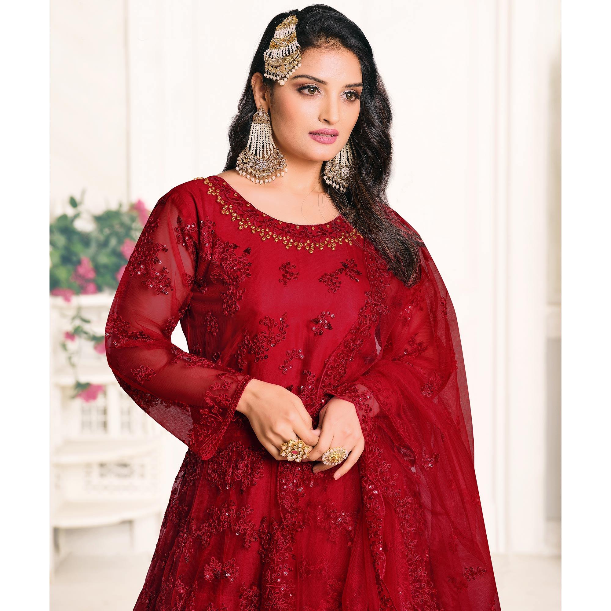 Red Embroidered Netted Anarkali Style Gown - Peachmode