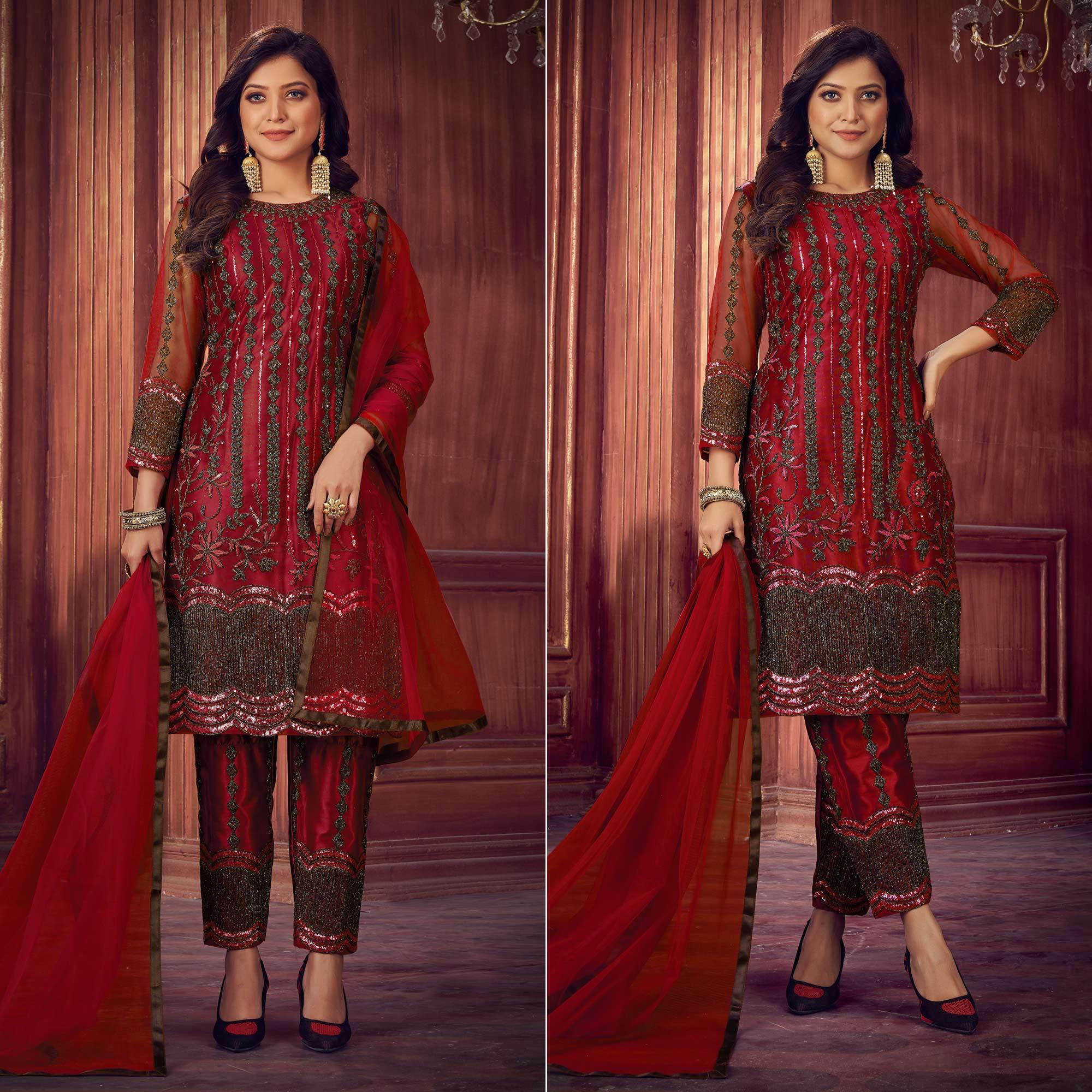Red Embroidered Netted Suit - Peachmode