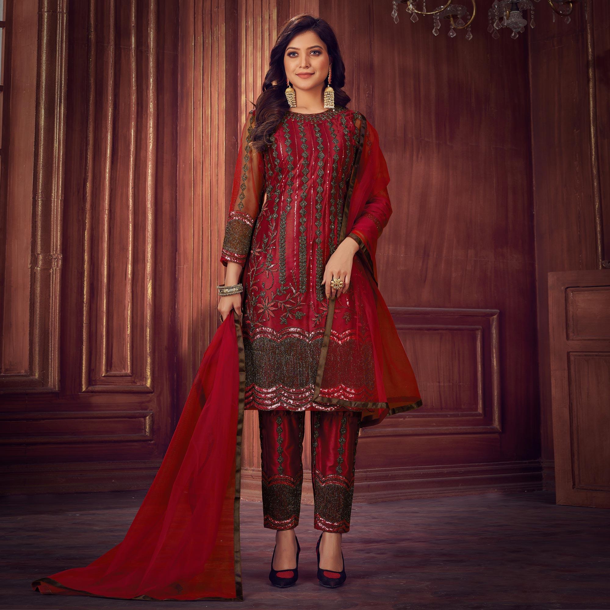 Red Embroidered Netted Suit - Peachmode