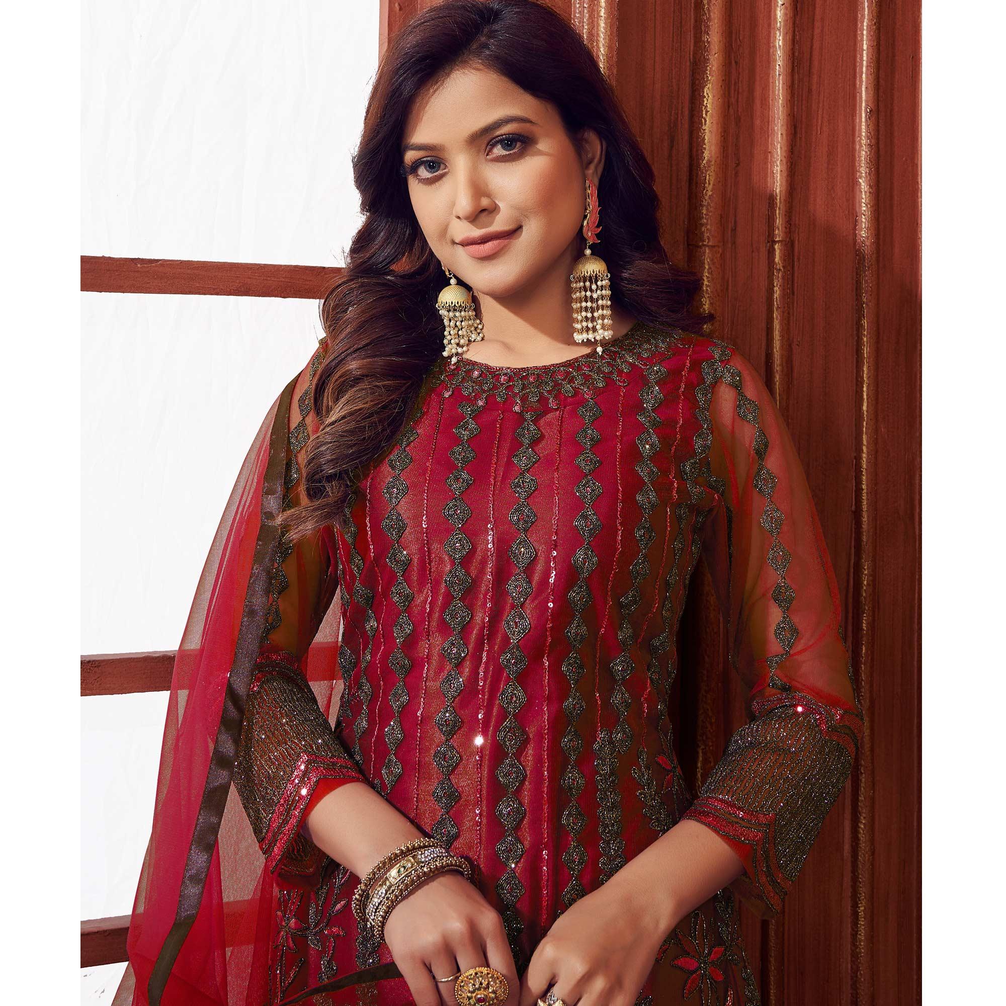 Red Embroidered Netted Suit - Peachmode