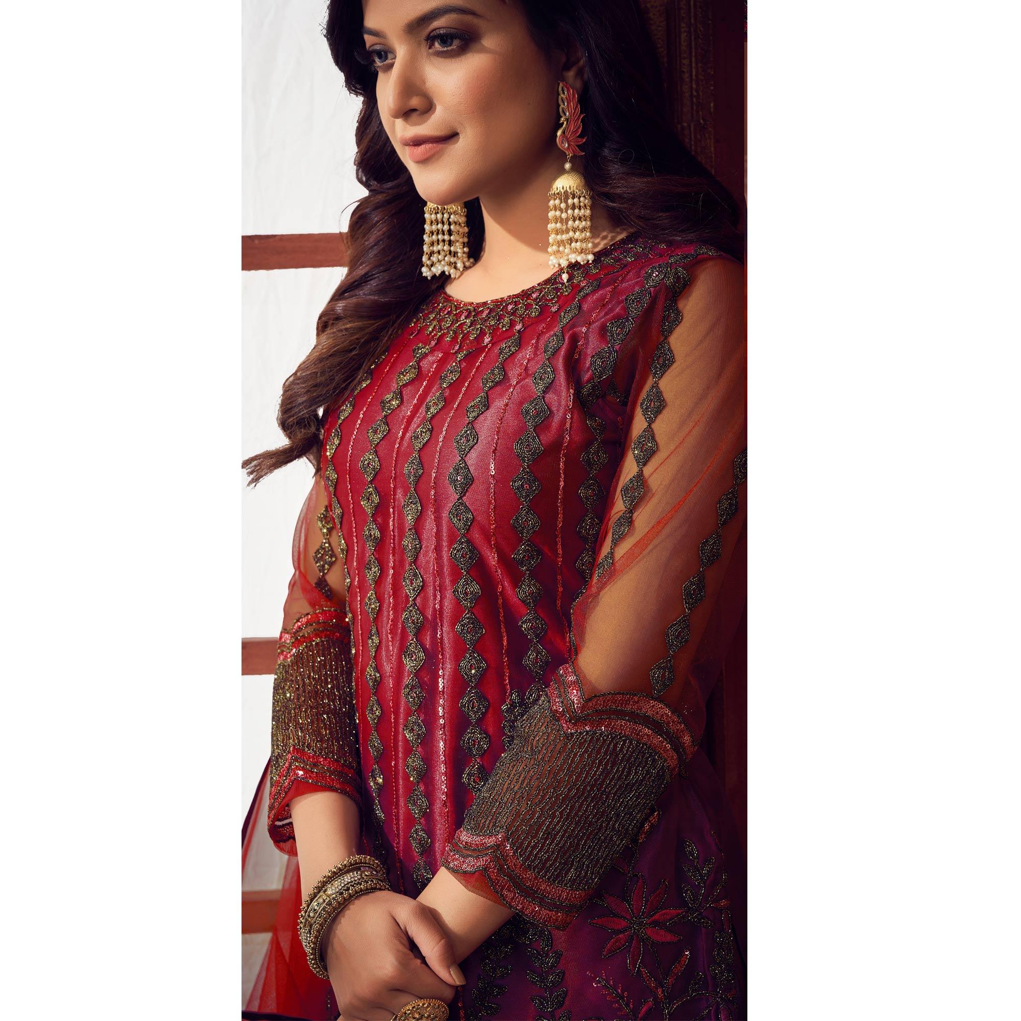 Red Embroidered Netted Suit - Peachmode