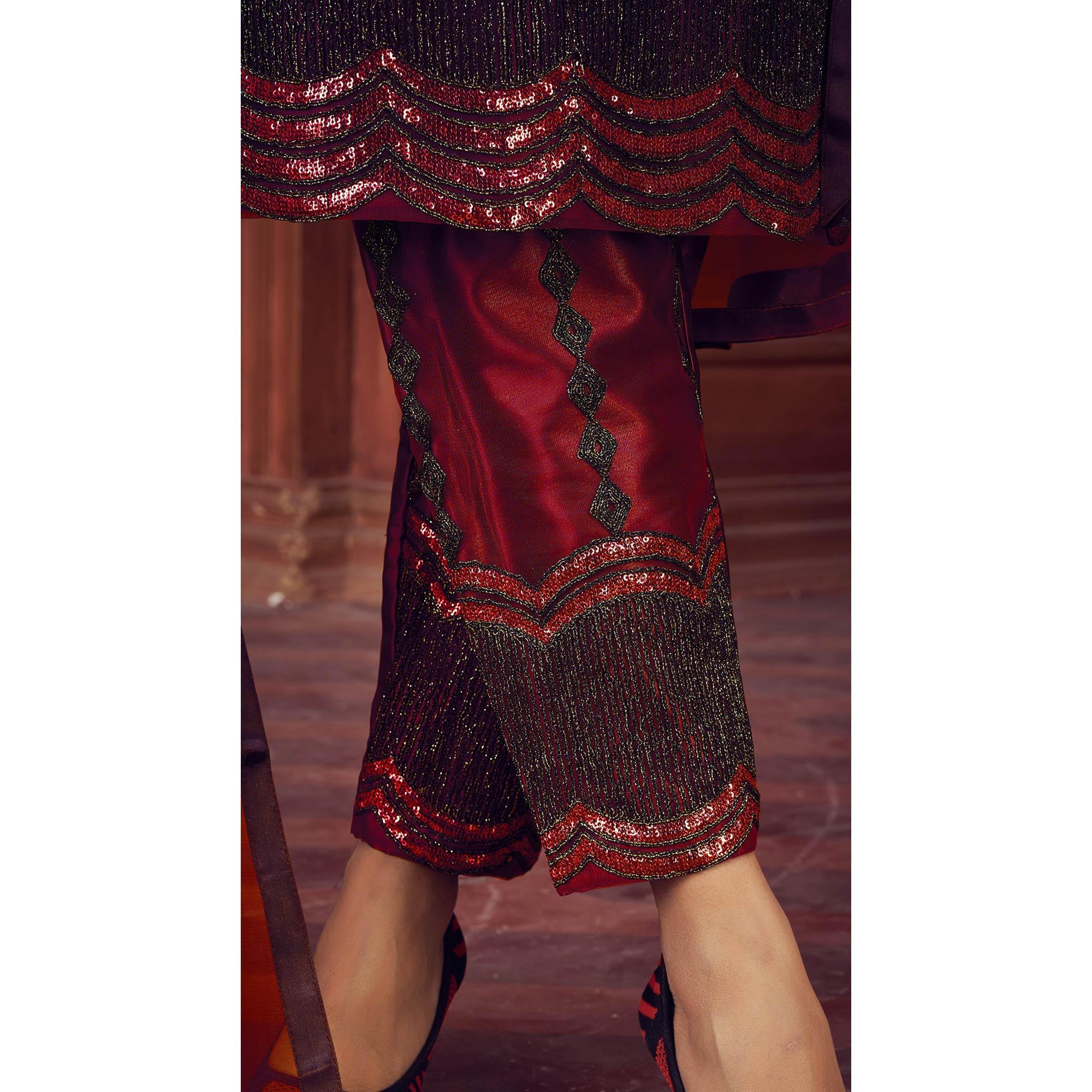 Red Embroidered Netted Suit - Peachmode