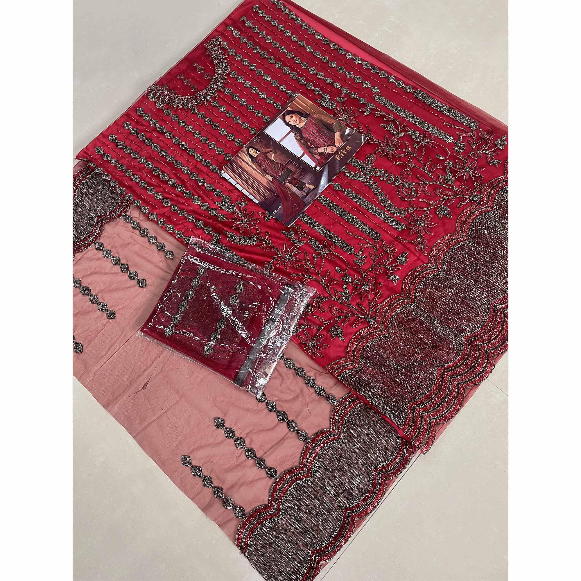 Red Embroidered Netted Suit - Peachmode