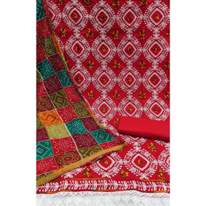 Red Embroidered Poly Cotton Dress Material - Peachmode