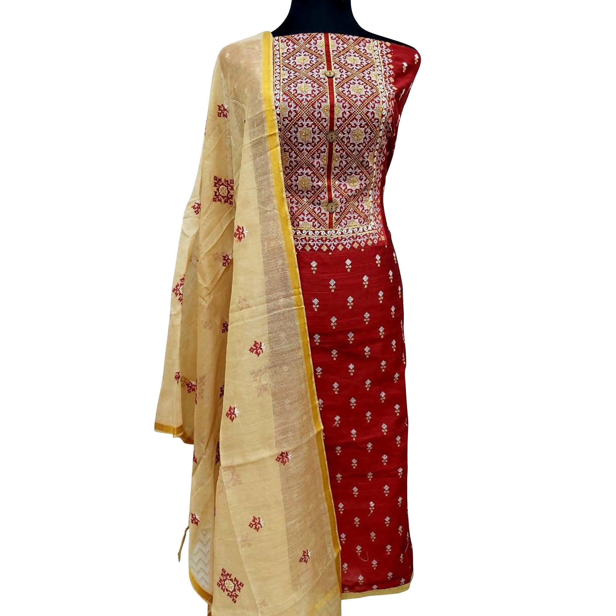 Red Embroidered Pure Cotton Dress Material - Peachmode
