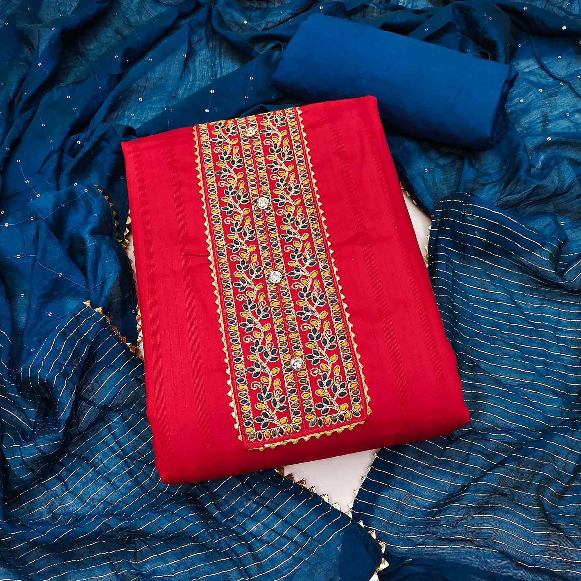 Red Embroidered Pure Cotton Dress Material - Peachmode