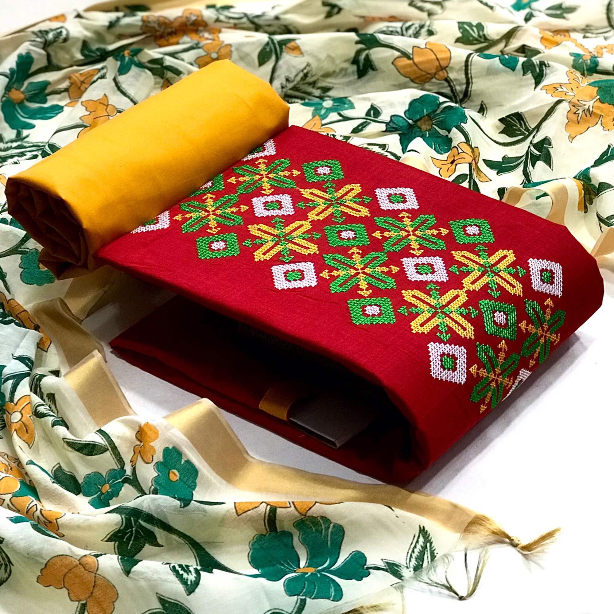 Red Embroidered Pure Cotton Dress Material - Peachmode