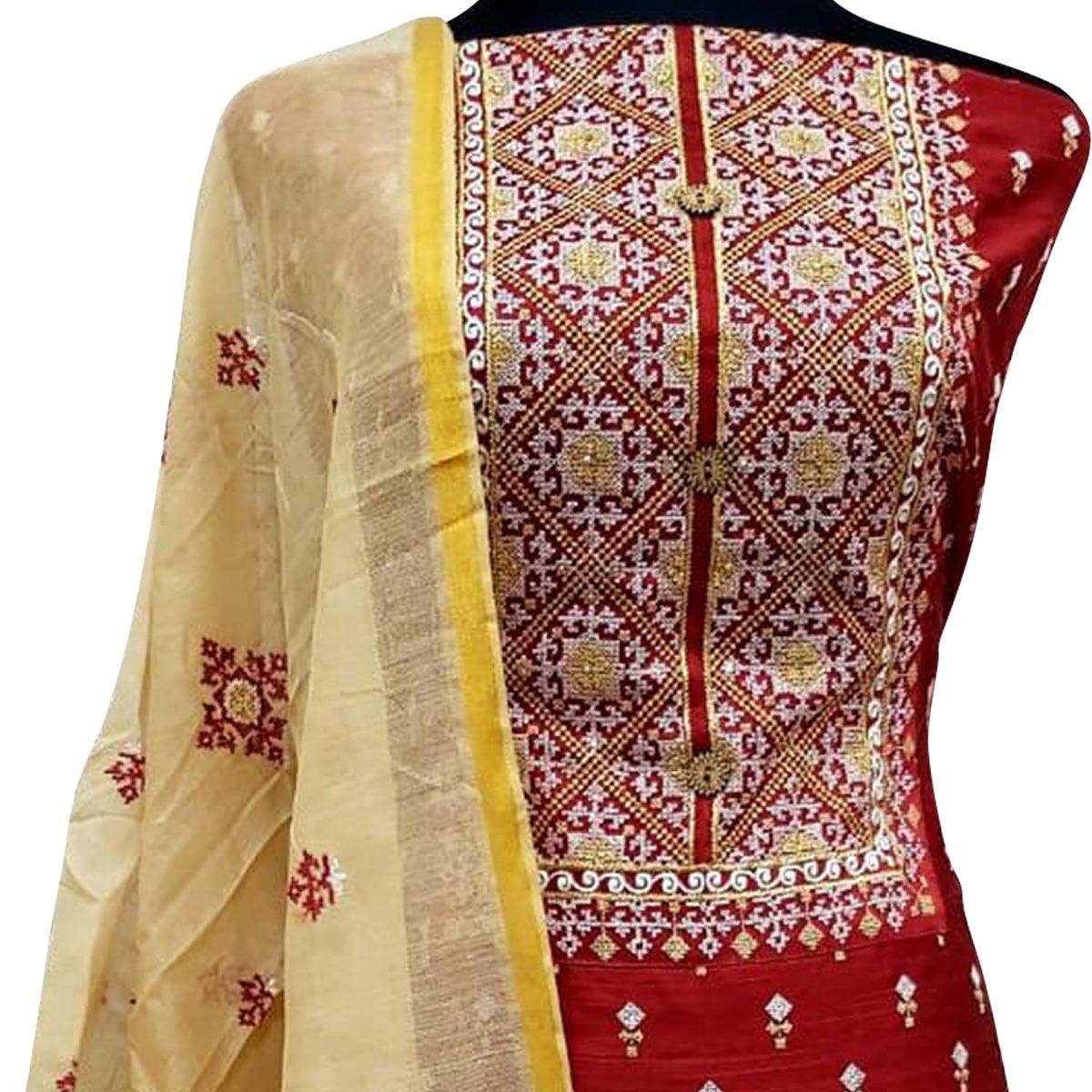 Red Embroidered Pure Cotton Dress Material - Peachmode