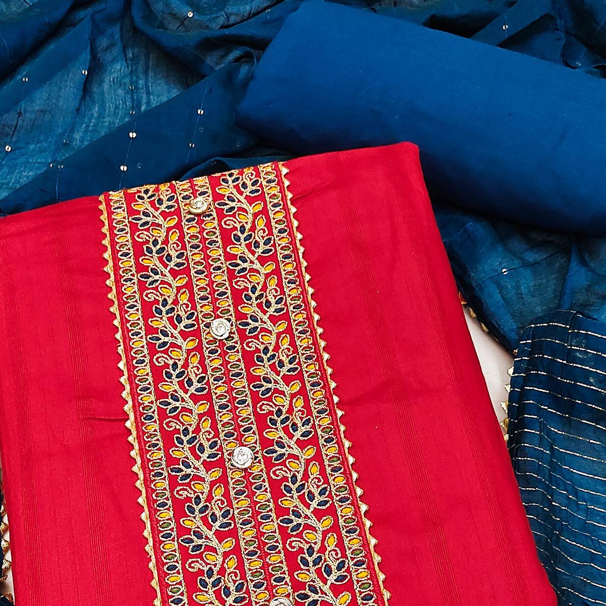 Red Embroidered Pure Cotton Dress Material - Peachmode