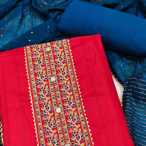 Red Embroidered Pure Cotton Dress Material - Peachmode