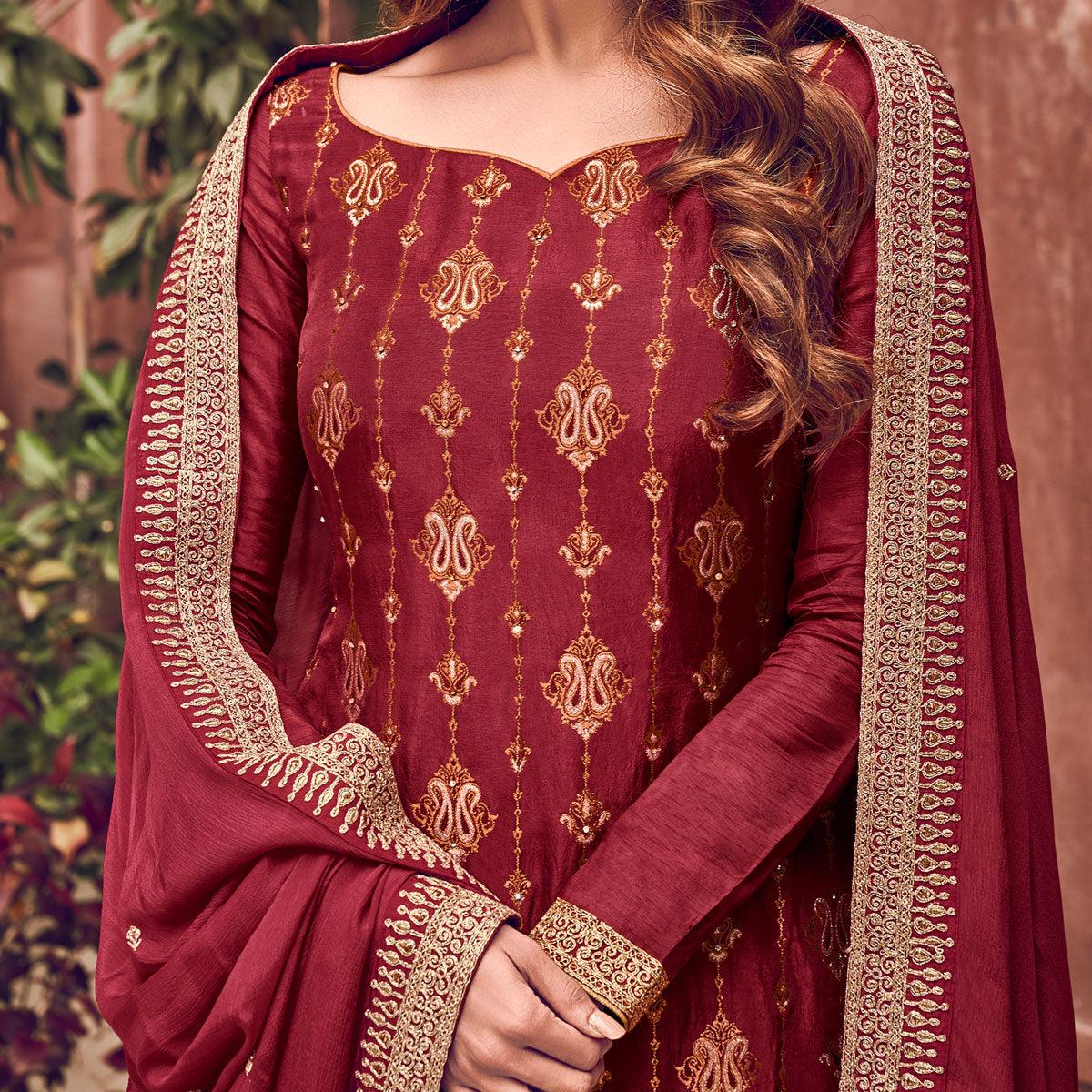 Red Embroidered Pure Dola Jacquard Partywear Suit - Peachmode