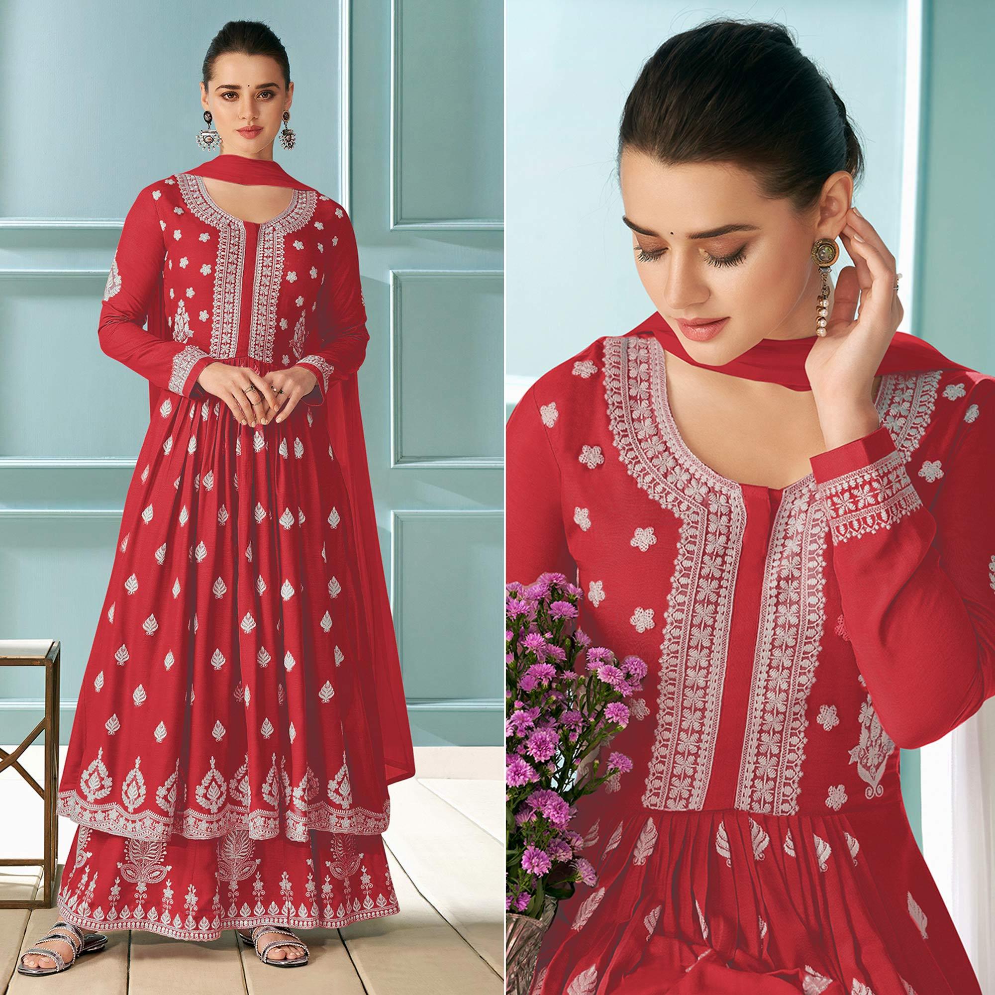 Red Embroidered Rayon Kurti Palazzo Suit - Peachmode