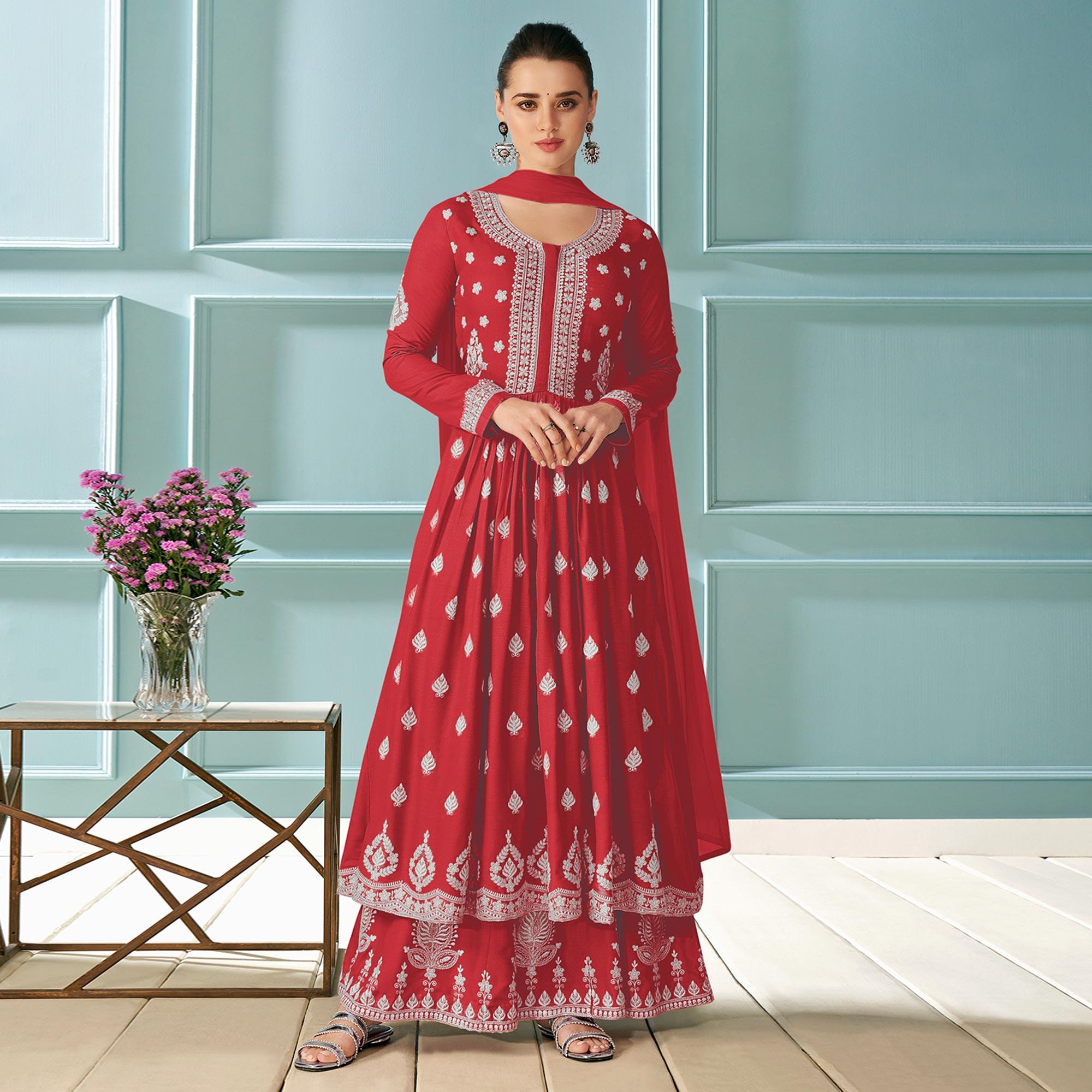 Red Embroidered Rayon Kurti Palazzo Suit - Peachmode