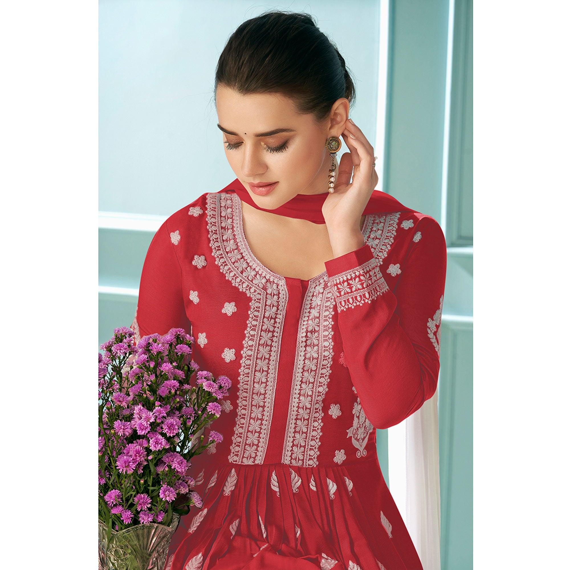 Red Embroidered Rayon Kurti Palazzo Suit - Peachmode