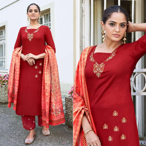Red Embroidered Rayon Kurti Pant Set With Dupatta - Peachmode
